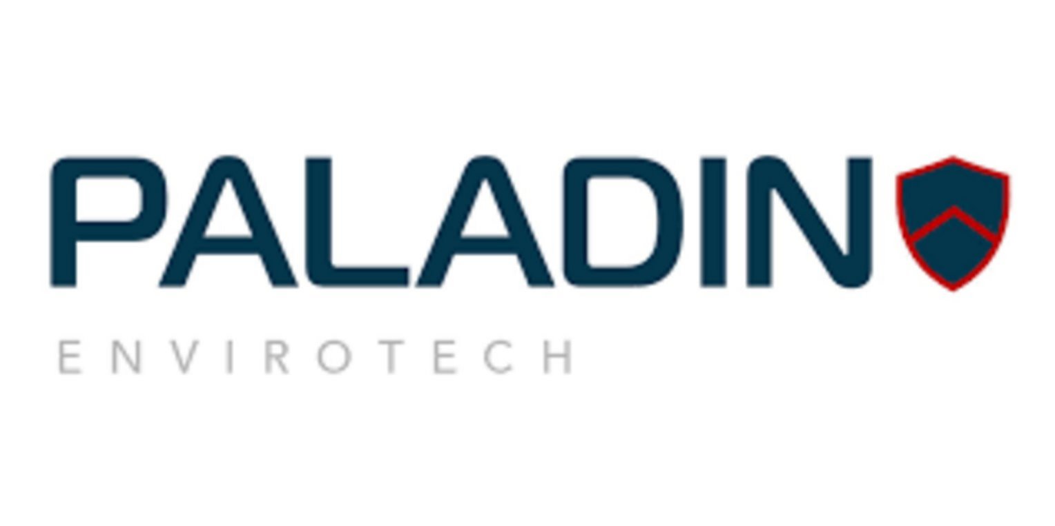 Paladin Envirotech corporate logo featuring bold navy blue text with a red and navy shield icon containing a chevron design