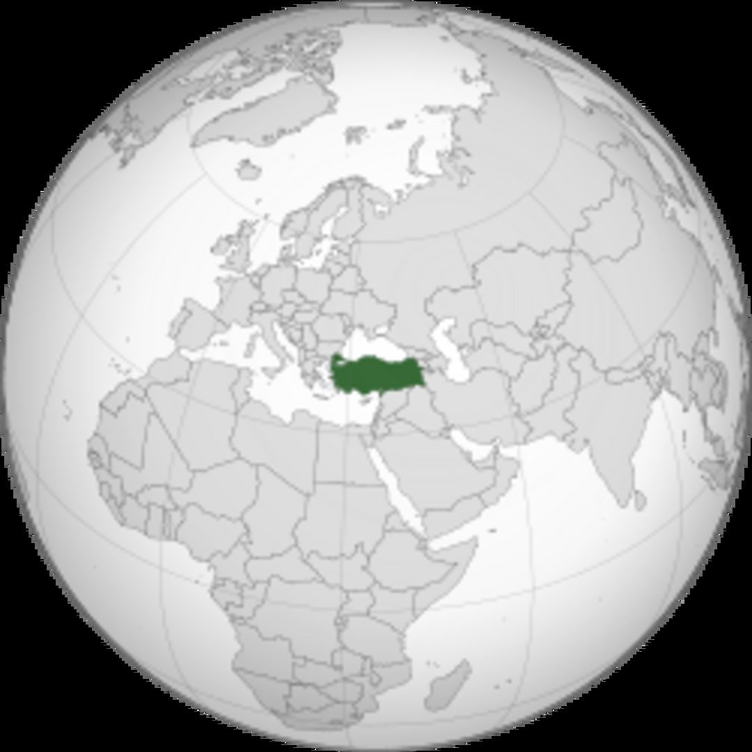 Globe map with Turkey marked in dark green, situated between Europe and Middle East, bordered by Black Sea and Mediterranean