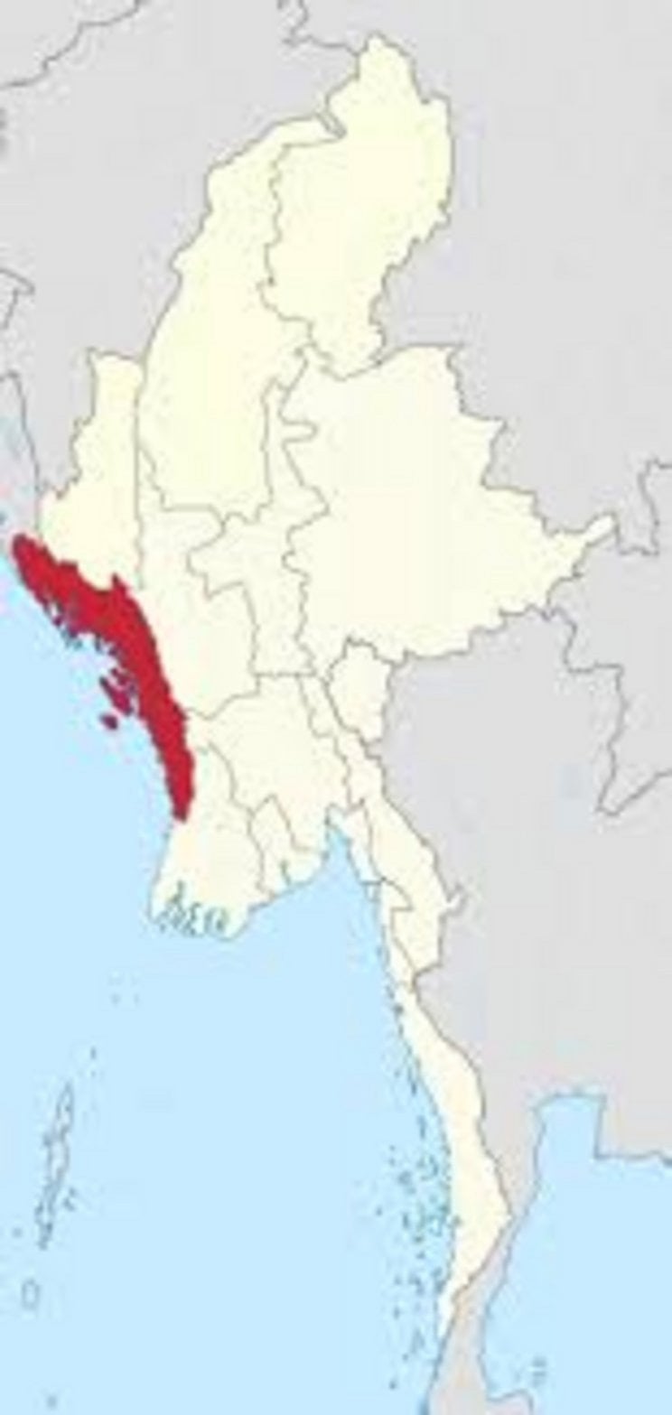 Rakhine State marked in red on a political map of Myanmar, located along the western Bay of Bengal coastline bordering Bangla