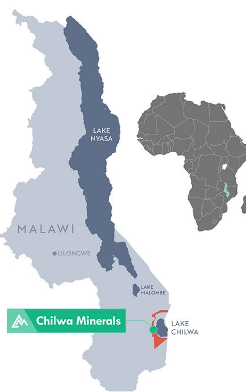 Chilwa Minerals project site marked at Lake Chilwa in southern Malawi near Lake Nyasa and Lilongwe with Africa inset map