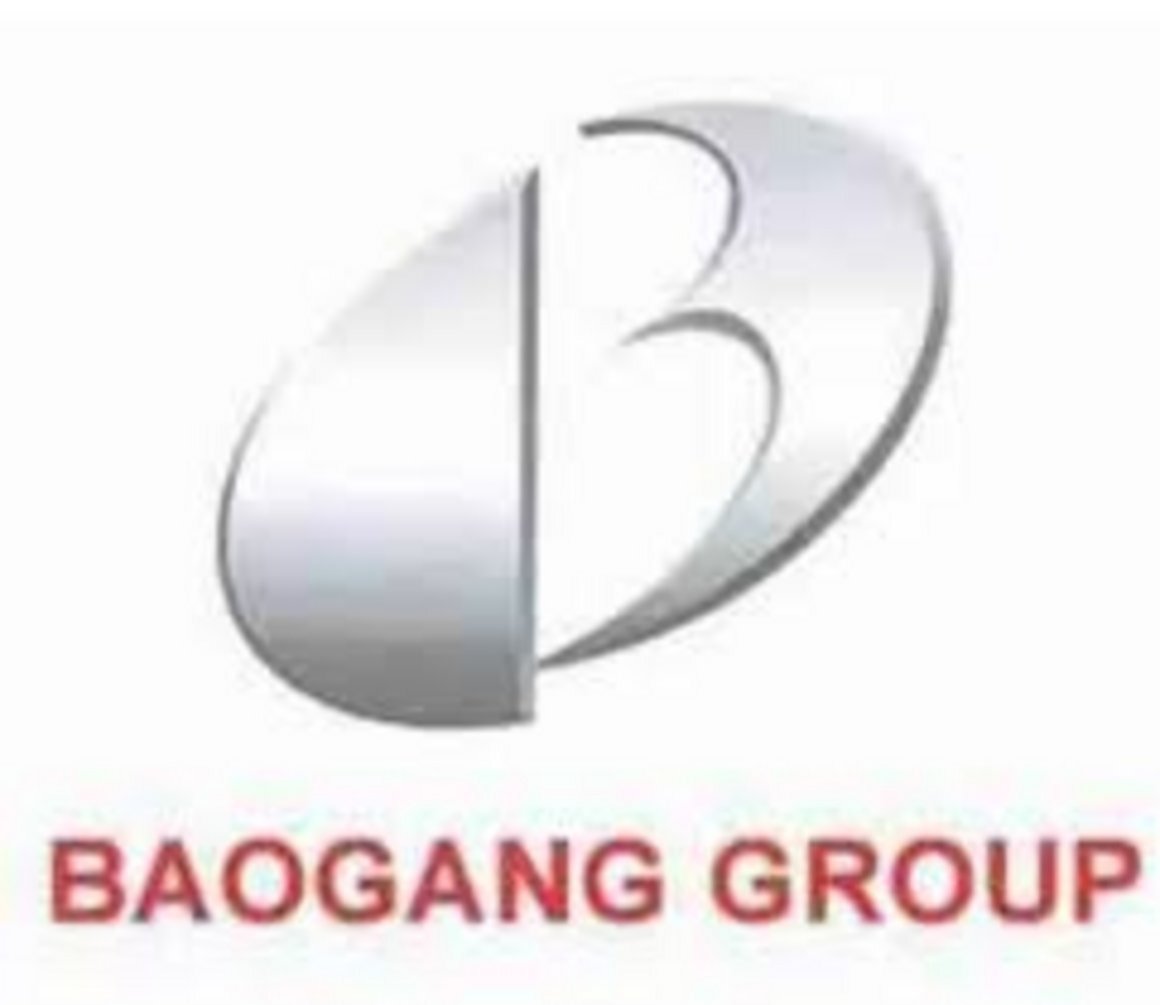 Baogang Group official logo featuring a silver metallic stylized letter B inside an elliptical oval shape with red bold compa
