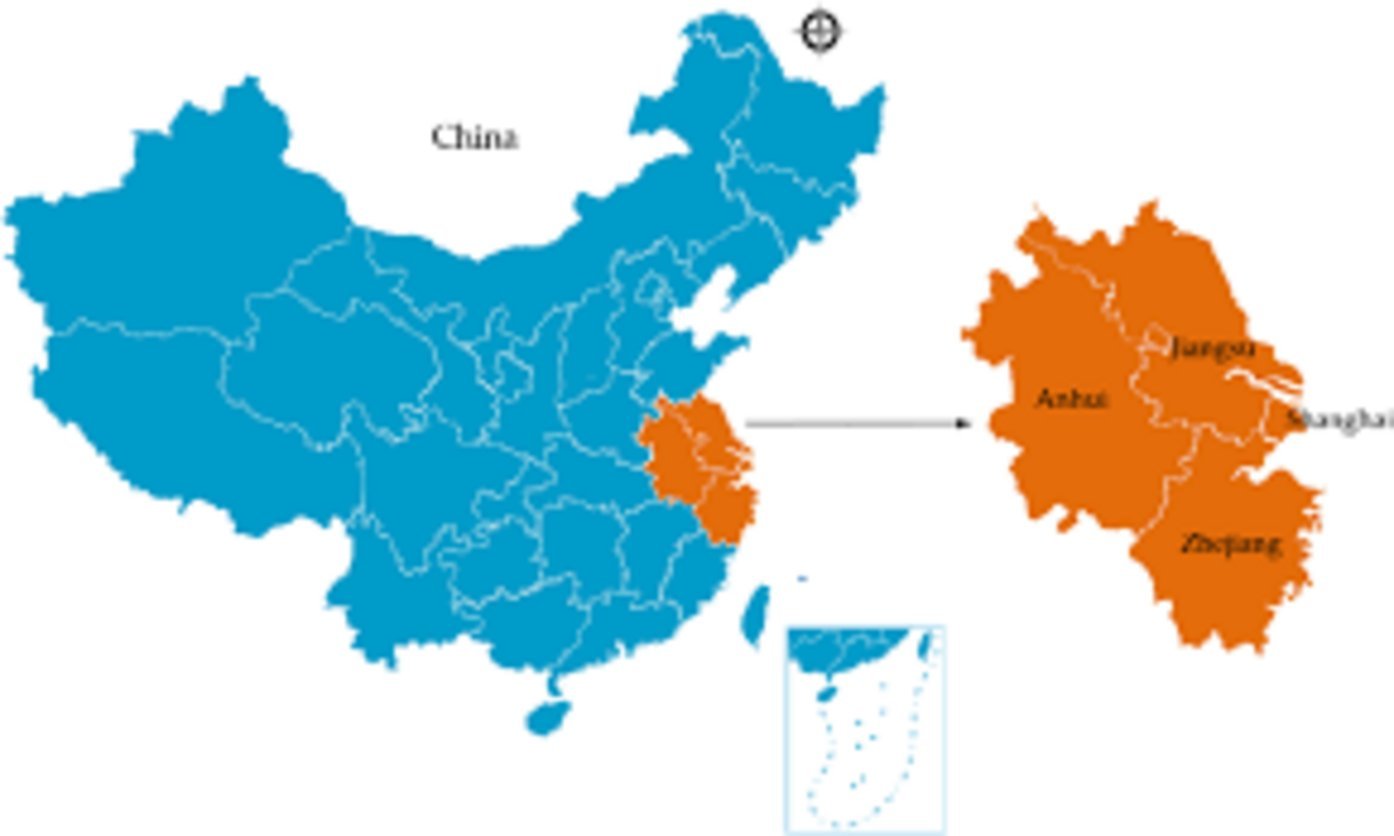 Map of China with Yangtze River Delta region enlarged, highlighting Jiangsu, Anhui, Shanghai, and Zhejiang in orange
