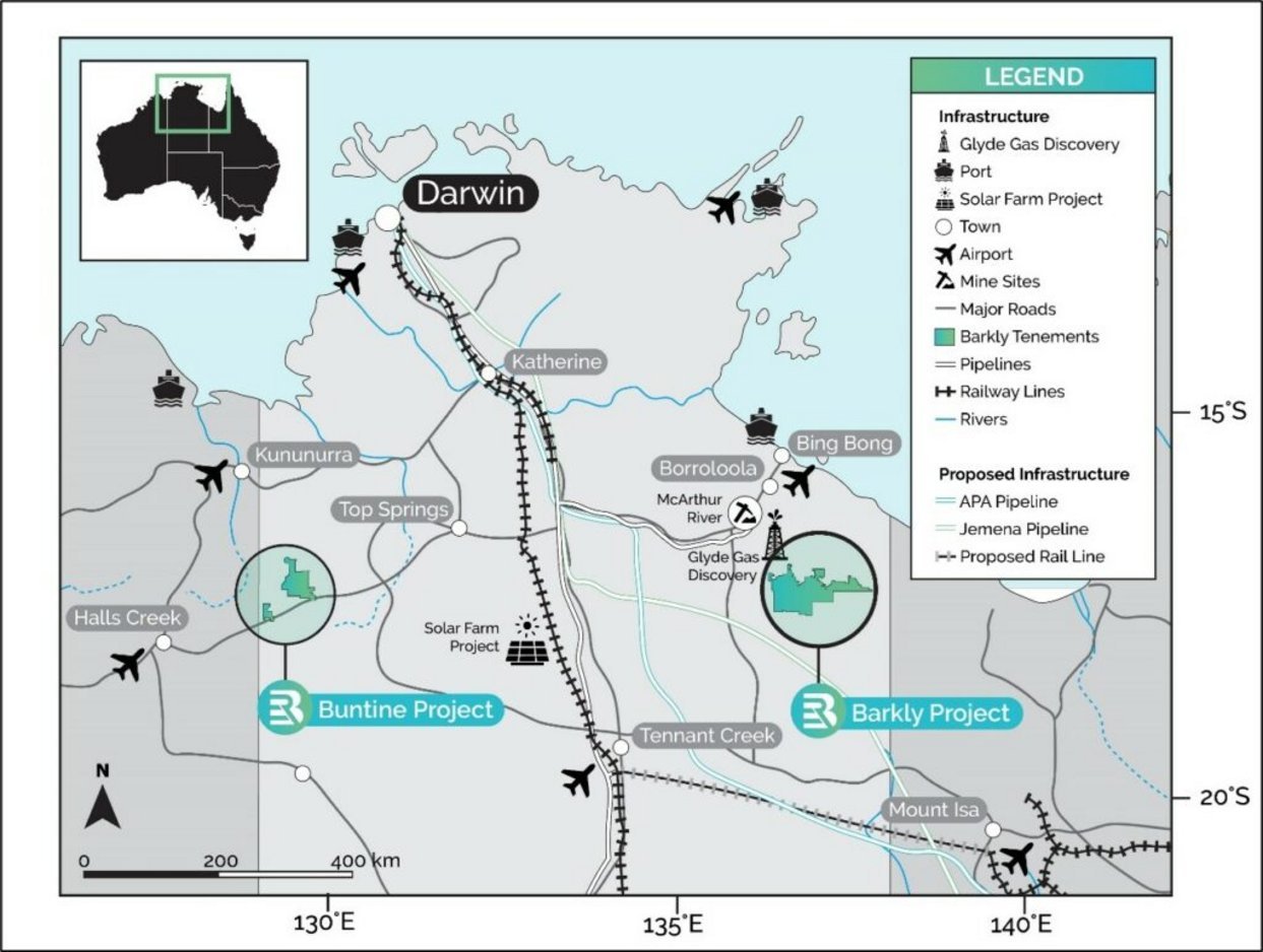 Buntine and Barkly mining tenements map in Northern Territory Australia with Darwin, Katherine, Tennant Creek, railways, APA