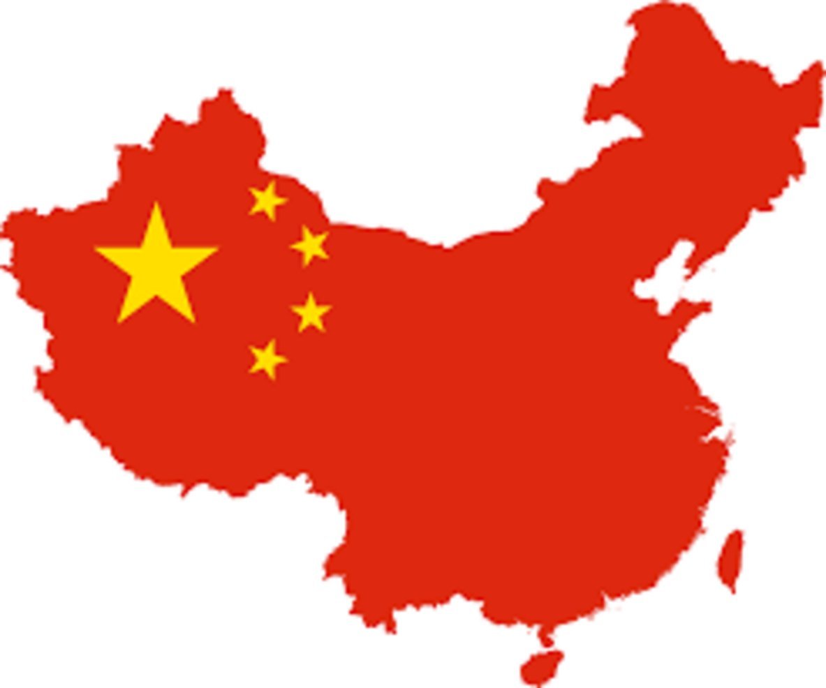 Silhouette of the People's Republic of China geographic map overlaid with the Chinese national flag featuring five yellow sta