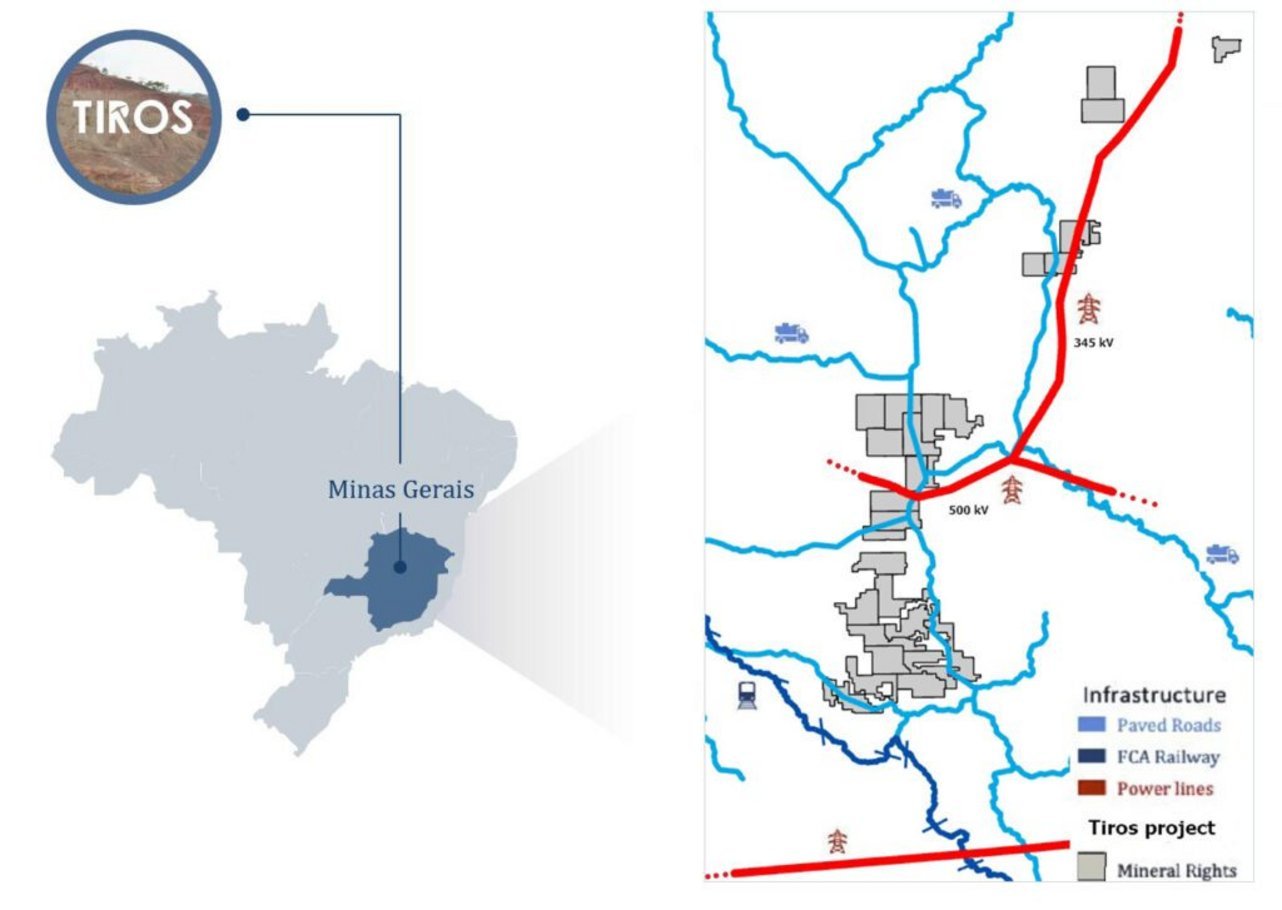 Tiros mineral rights project map in Minas Gerais Brazil featuring 345kV and 500kV power lines, FCA Railway, and paved roads n