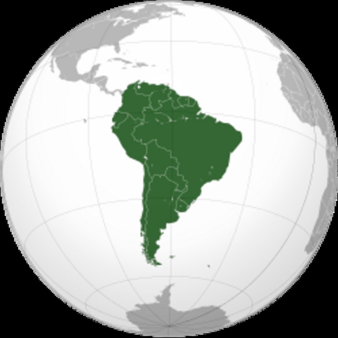 Orthographic globe projection with South America highlighted in green, displaying country borders, surrounded by gray North A