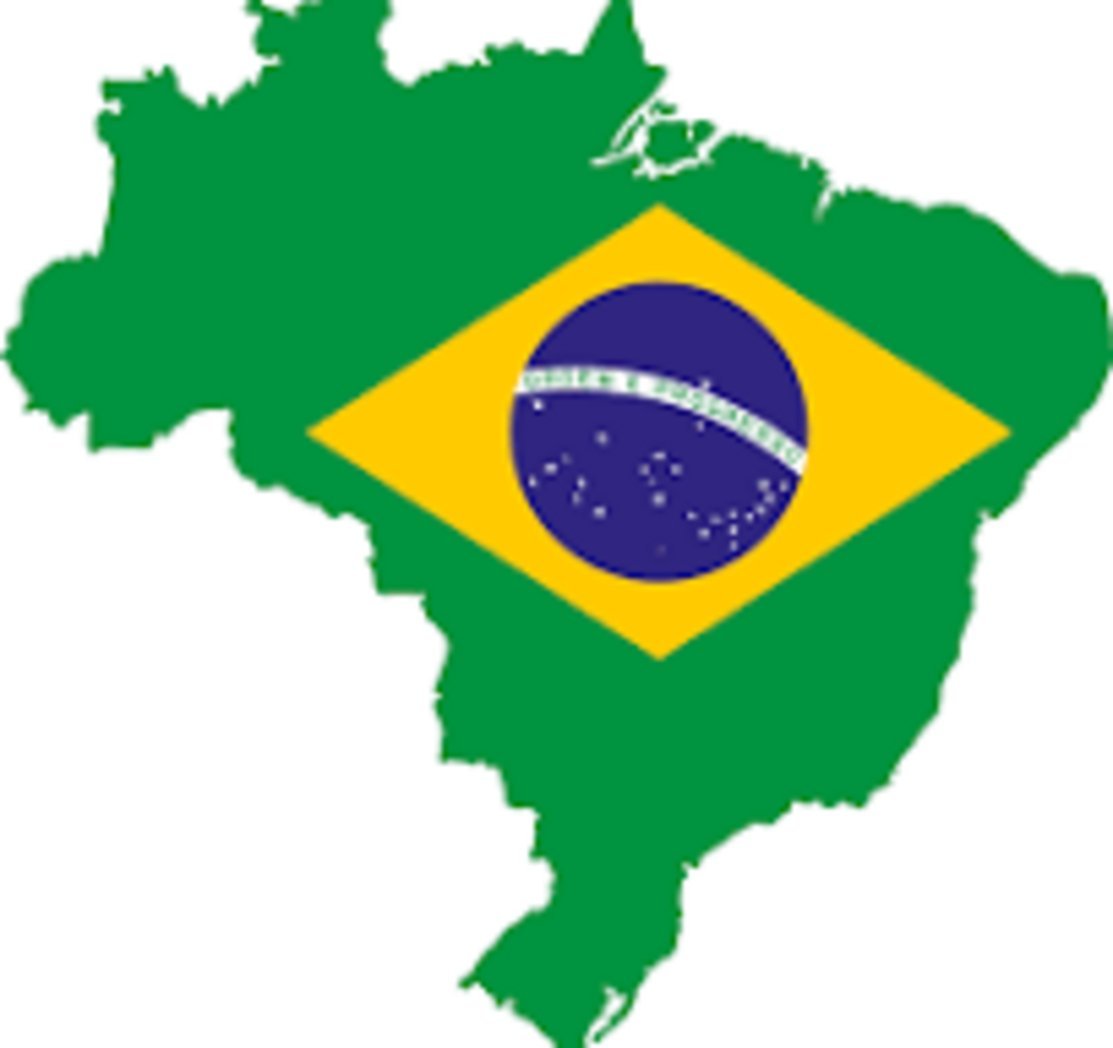 Outline silhouette of Brazil filled with the Brazilian national flag featuring green background, yellow diamond, and blue glo