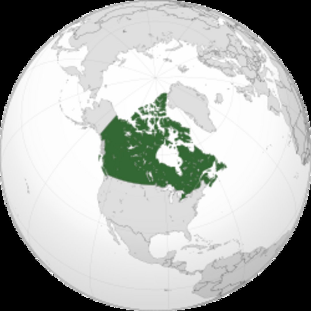 Canada marked in dark green on a globe centered over North America, bordered by the United States to the south and Arctic Oce