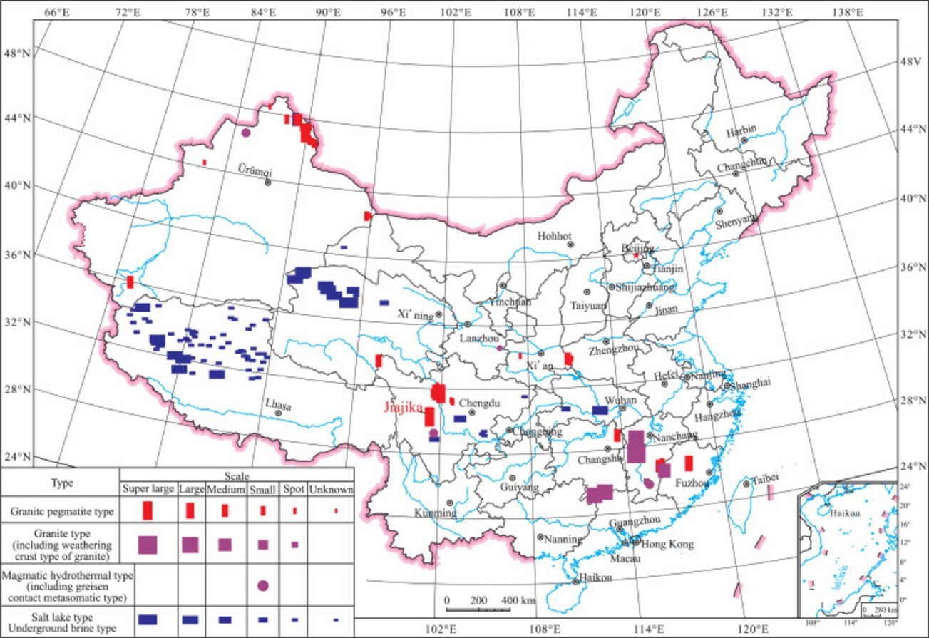 Distribution map of lithium deposits across China categorized by type and scale, including Jiajika granite pegmatite, Tibetan