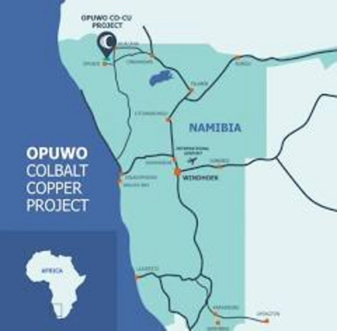 Map of Namibia marking Opuwo Co-Cu Project site in northwest Namibia near Kunene Region with road routes to Windhoek capital