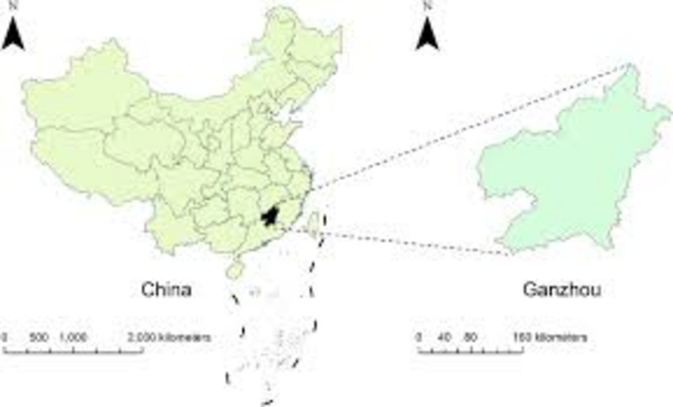 Map locating Ganzhou city highlighted in black within Jiangxi Province on a full China administrative map with zoom inset