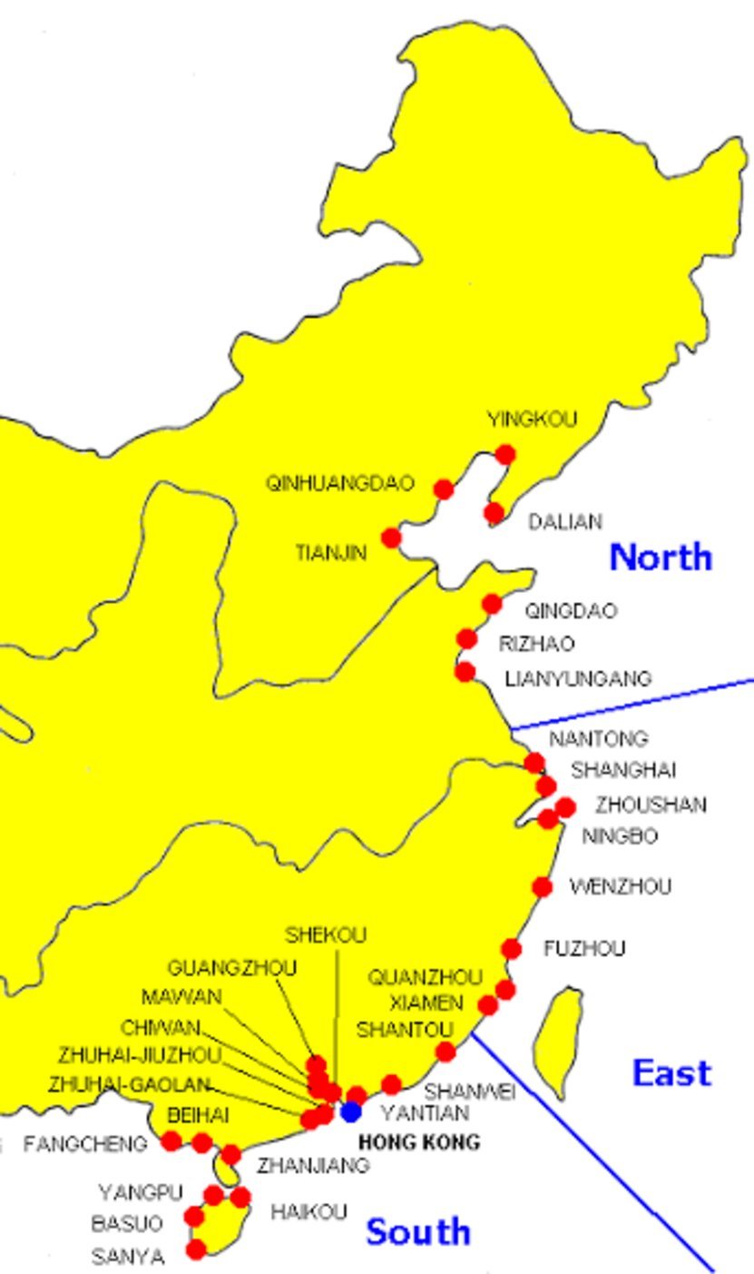 Map of China's eastern coastline marking major seaports including Hong Kong, Shanghai, Tianjin, Dalian, Qingdao, Guangzhou, a