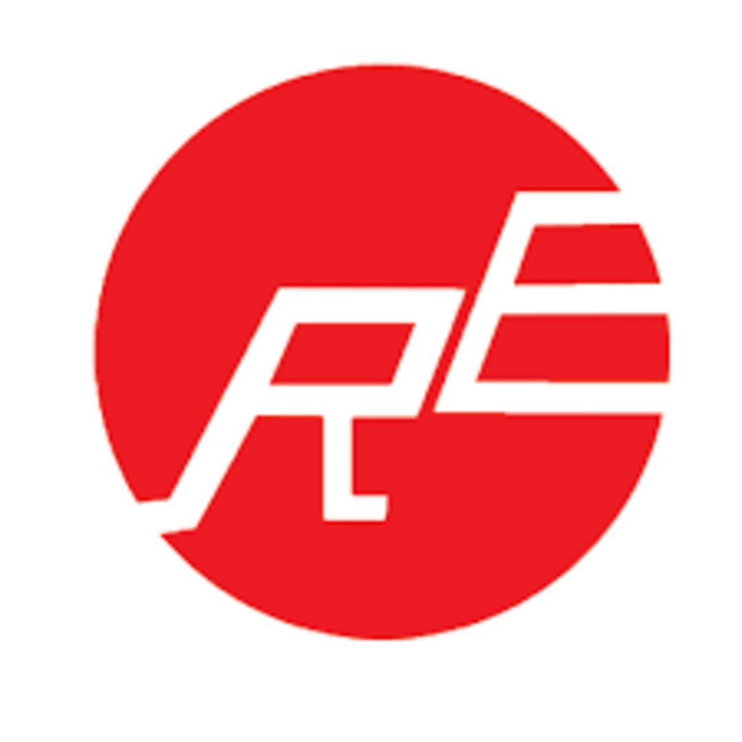 Bold red circular logo featuring white interlocking RE monogram letters with horizontal stripe design elements on white backg