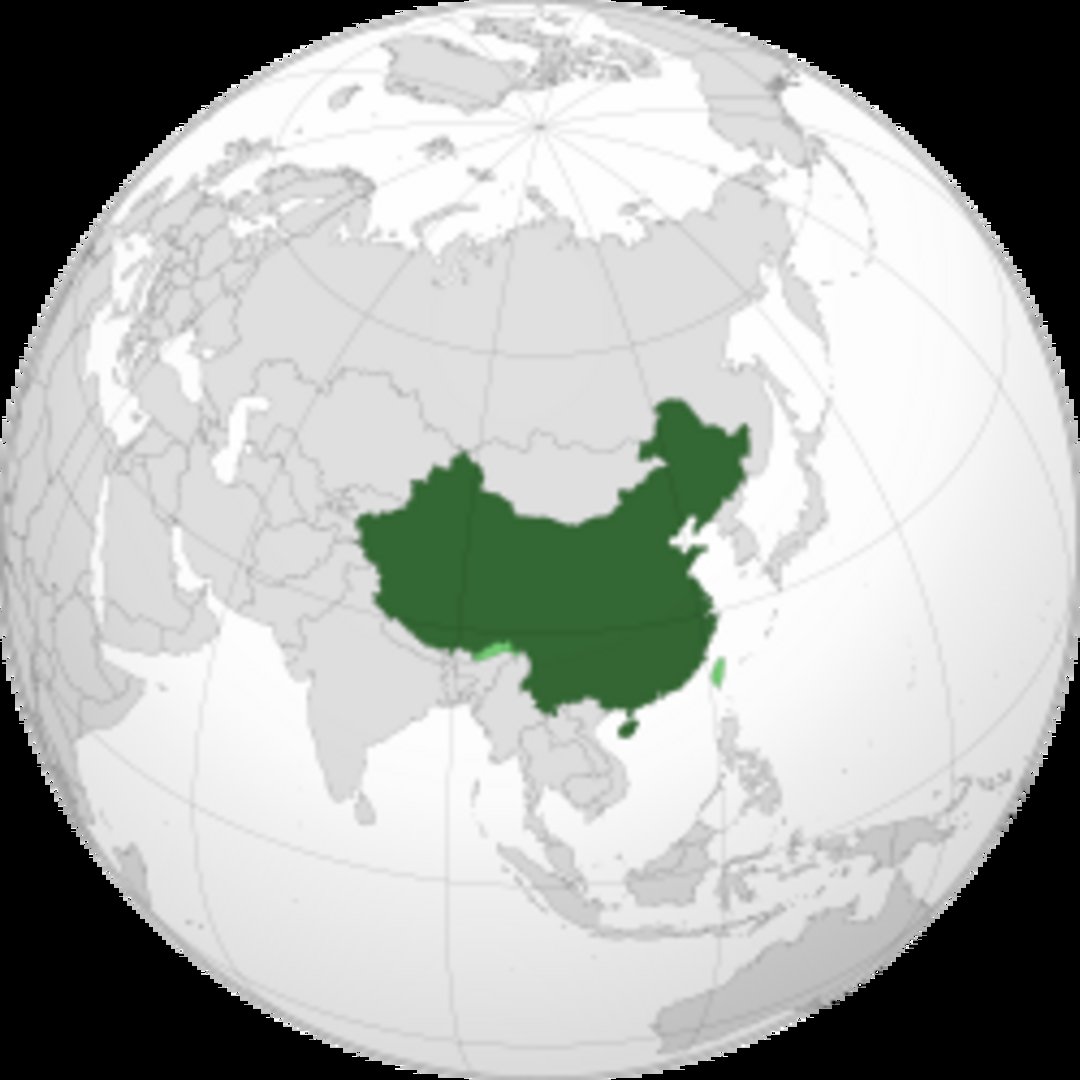 Orthographic globe map with People's Republic of China marked in dark green, bordered by Russia, India, and Southeast Asia