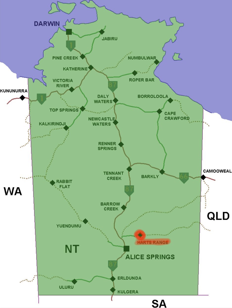 NT Australia map highlighting Harts Range near Alice Springs with Stuart Highway Route 87 connecting Darwin to South Australi