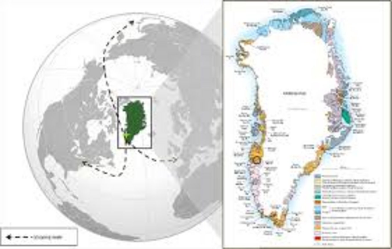 Detailed geological map of Greenland with color-coded rock formations and a globe inset highlighting Greenland's location in