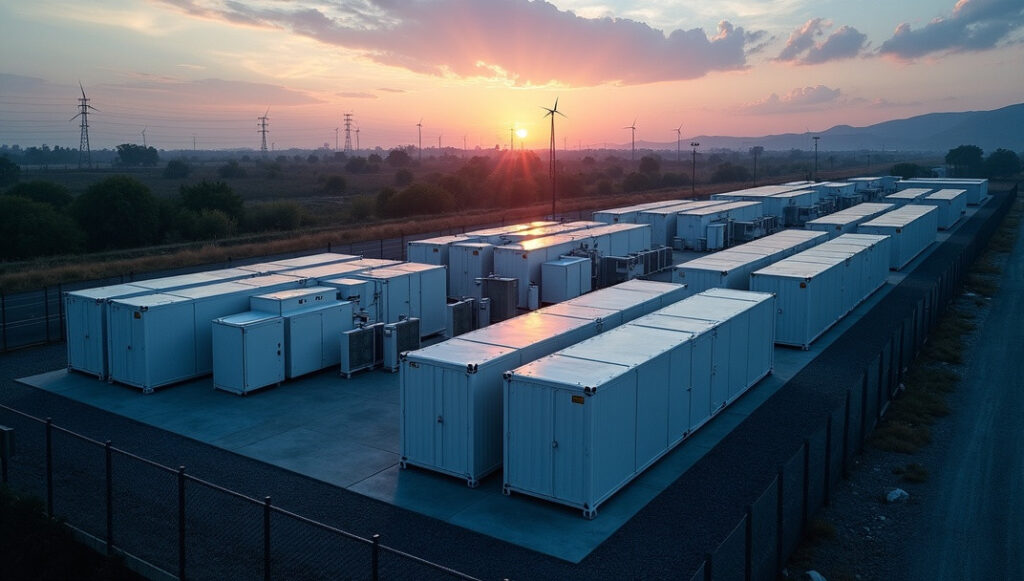 Grid-scale battery storage A photorealistic ultra-wide aerial view at dusk of a secure grid-scale battery storage facility with rows of white containerized battery units, transformers, switchgear and inverter skids with bundled cables, set near transmission lines and a distant wind farm under warm sunset light.