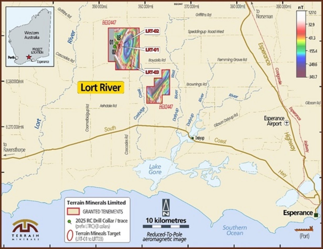 Terrain Minerals Limited Lort River tenement E63/2447 reduced-to-pole aeromagnetic map near Esperance Western Australia with