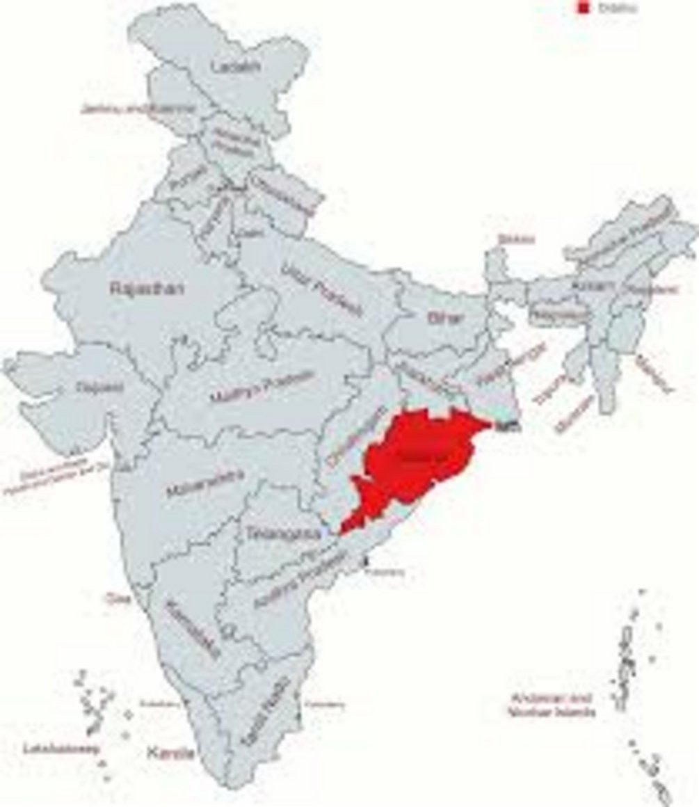 Map of India with Odisha state marked in red, surrounded by gray neighboring states including Jharkhand, West Bengal, Andhra