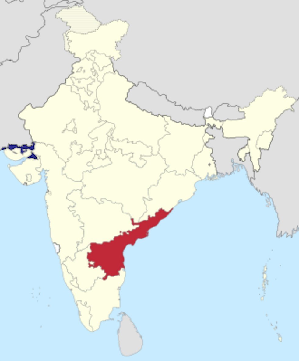 Andhra Pradesh state marked in dark red on India map, with Daman and Diu in blue, Sri Lanka visible south