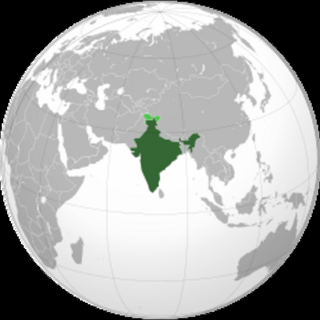 Orthographic globe map with India marked in dark green and disputed Kashmir territories in light green, surrounded by gray As
