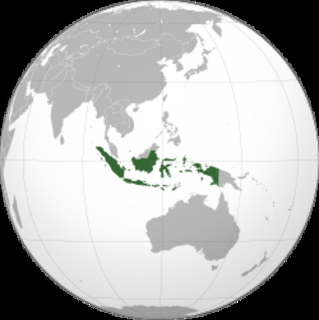 Indonesia archipelago marked in dark green on a globe, spanning from Sumatra to Papua, with Australia visible to the south an