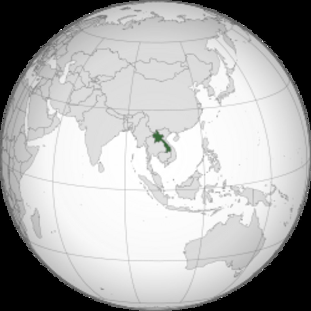 Globe map centered on Asia with Laos highlighted in dark green, bordered by Thailand, Vietnam, Cambodia, China, and Myanmar