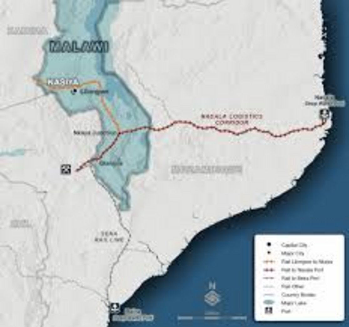 Map of Malawi's Kasiya region with Nacala Logistics Corridor rail route connecting to Nacala Deep Water Port in Mozambique