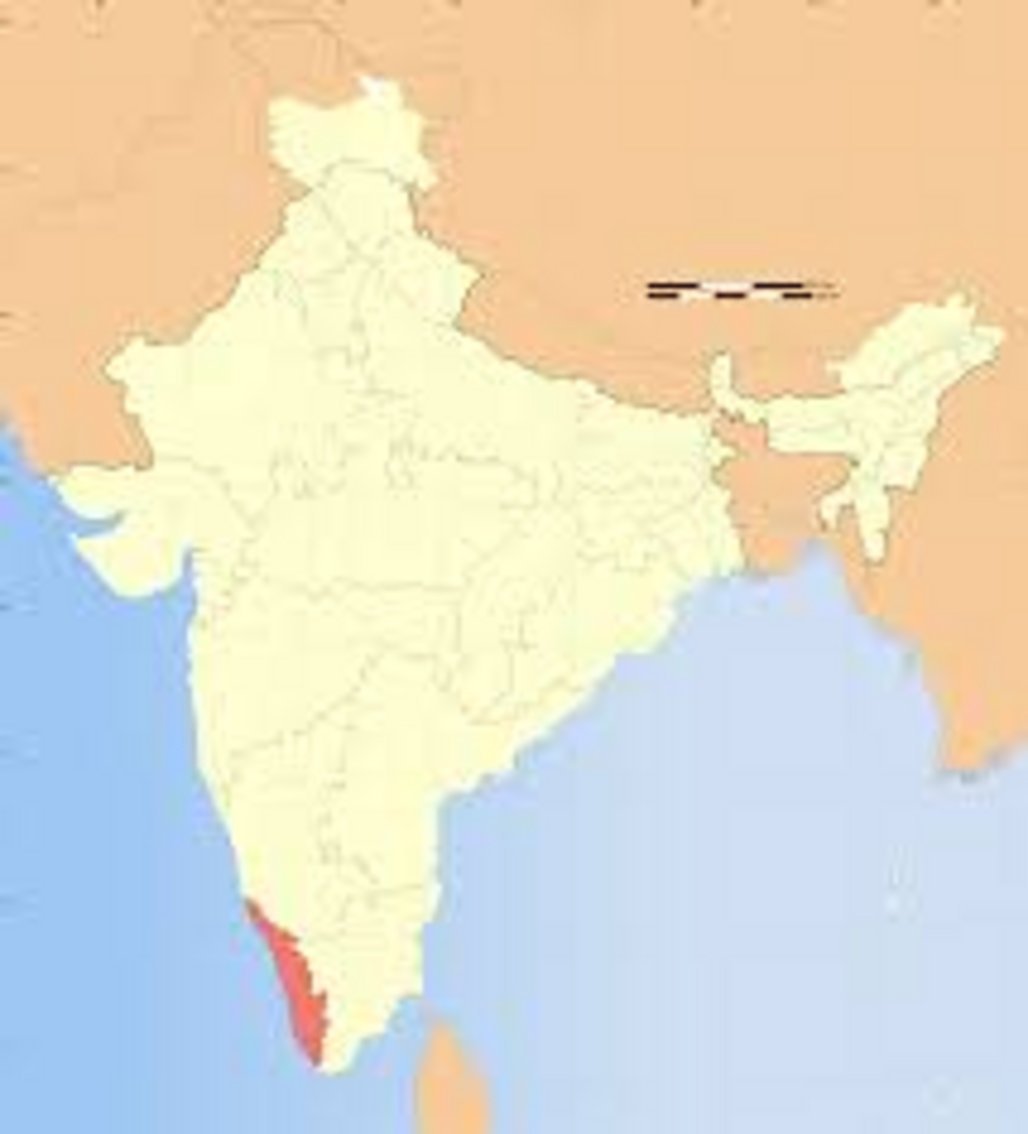 Kerala state marked in red on a cream-colored political map of India with neighboring countries Pakistan Bangladesh Sri Lanka