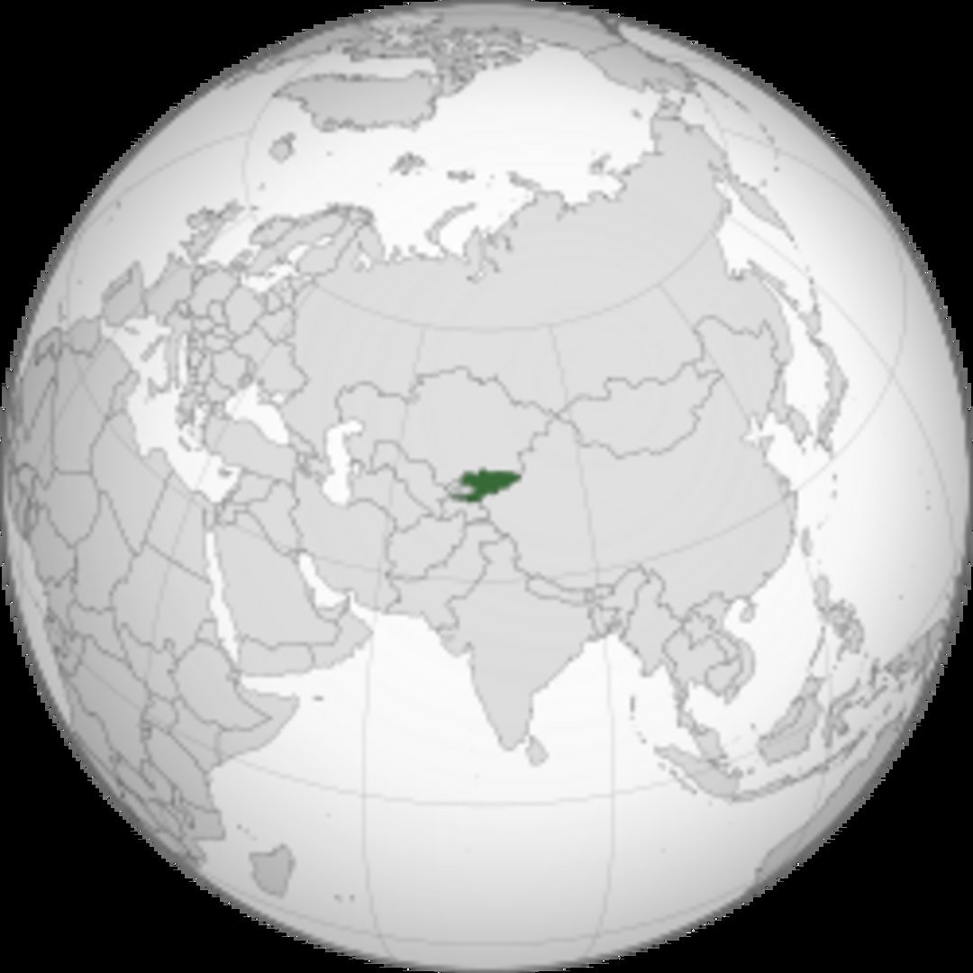 Orthographic globe map centering on Asia with Kyrgyzstan marked in dark green, surrounded by Central Asian neighboring countr