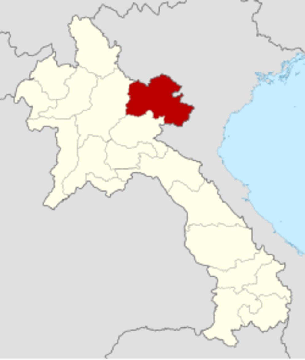 Map of Laos with Xiangkhouang Province marked in dark red in the north-central region, bordering Vietnam to the east