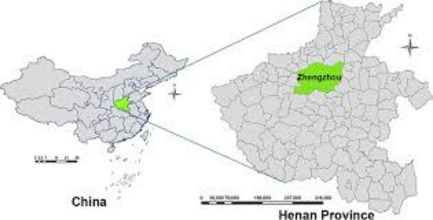 Map locating Zhengzhou city highlighted in green within Henan Province and its position in central-eastern China