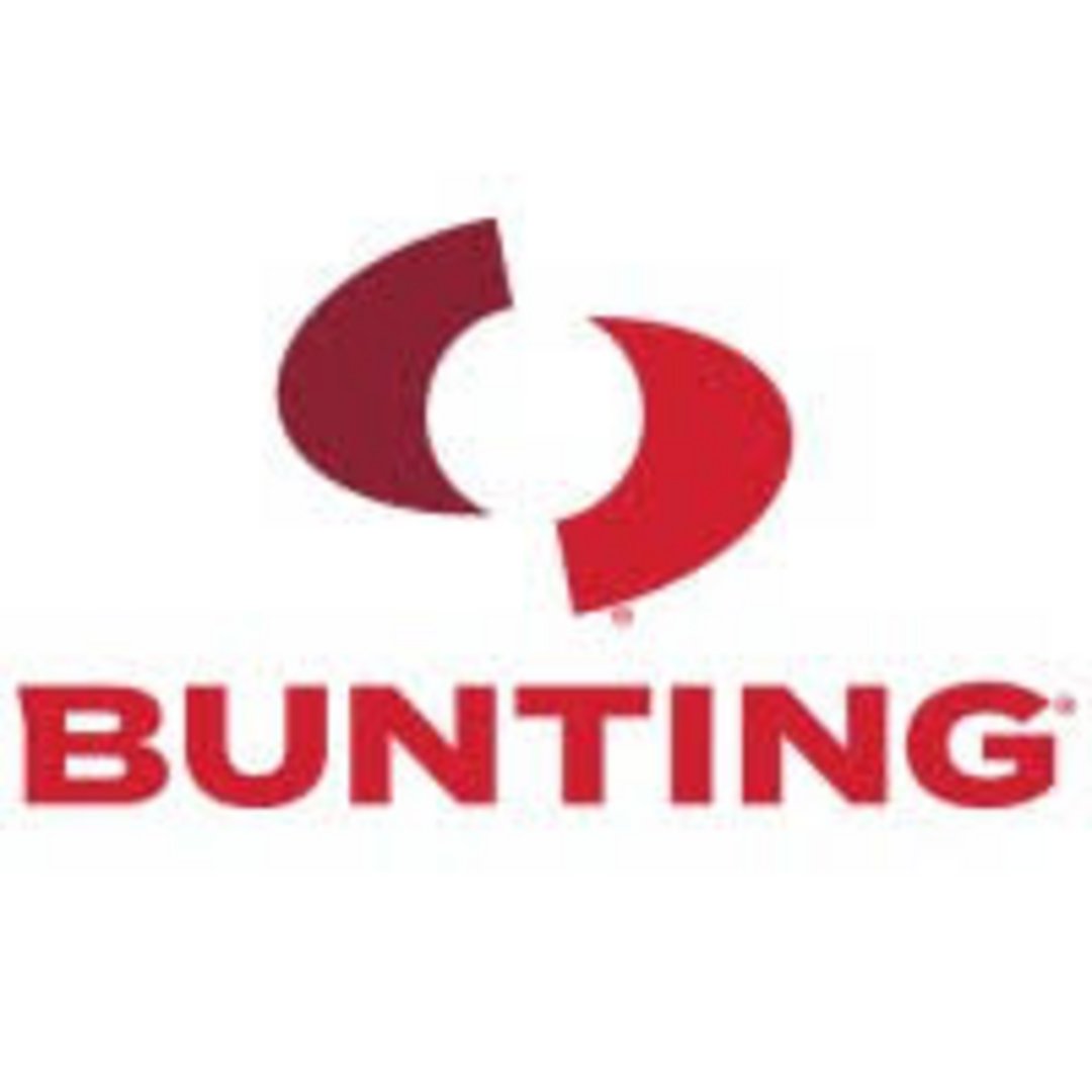 Bunting registered trademark logo featuring dark red and bright red interlocking circular arrows above bold red company wordm