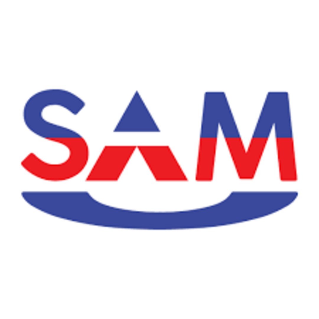 SAM company logo featuring bold blue and red letters S-A-M with a blue triangle accent and curved smile underline
