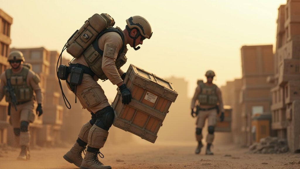 Photorealistic documentary-style scene of **military exoskeletons** showing a soldier in a mud-splattered powered full-body frame lifting a heavy crate at an outdoor forward operating base during golden hour, with blurred troops and vehicles in the background.