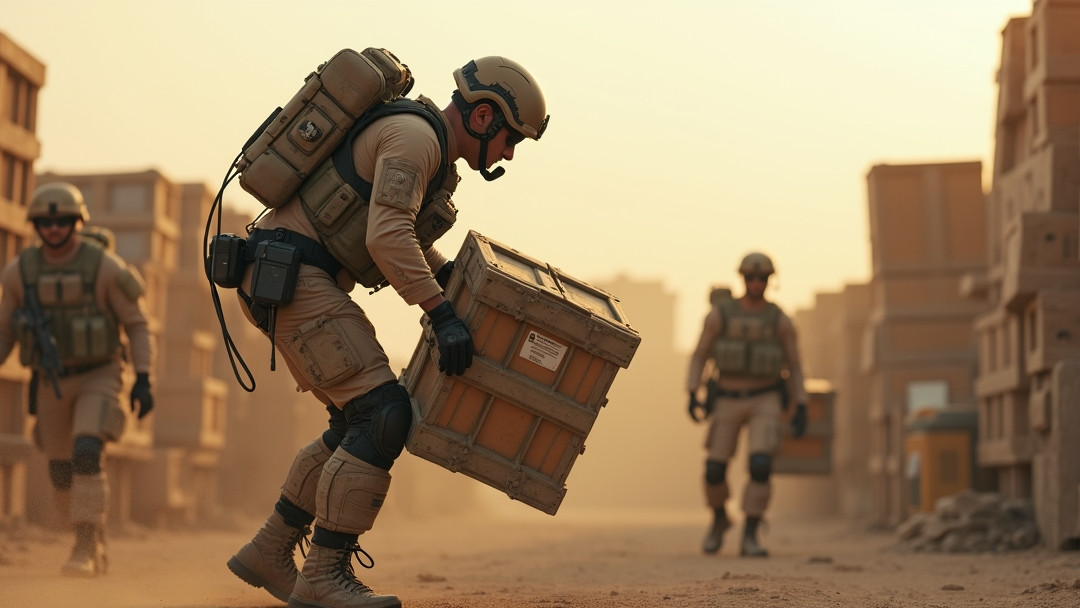 Military exoskeletons Photorealistic documentary-style scene of **military exoskeletons** showing a soldier in a mud-splattered powered full-body frame lifting a heavy crate at an outdoor forward operating base during golden hour, with blurred troops and vehicles in the background.
