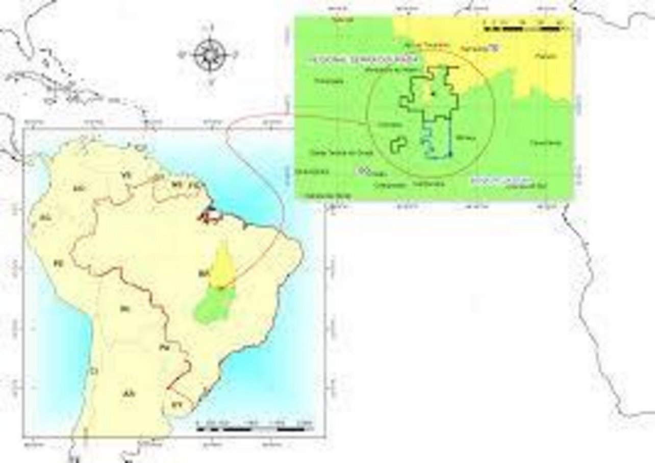 Cartographic map of Serra Dourada National Forest in Pará state Brazil with zoomed inset detailing surrounding municipalities