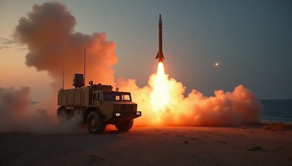 Photorealistic wide dusk scene of **missile defense systems** showing a ground-based interceptor launching from a fortified coastal battery as a phased-array radar tracks an incoming ballistic target, with visible plume, smoke, and a support vehicle’s open electronics bay in the foreground.