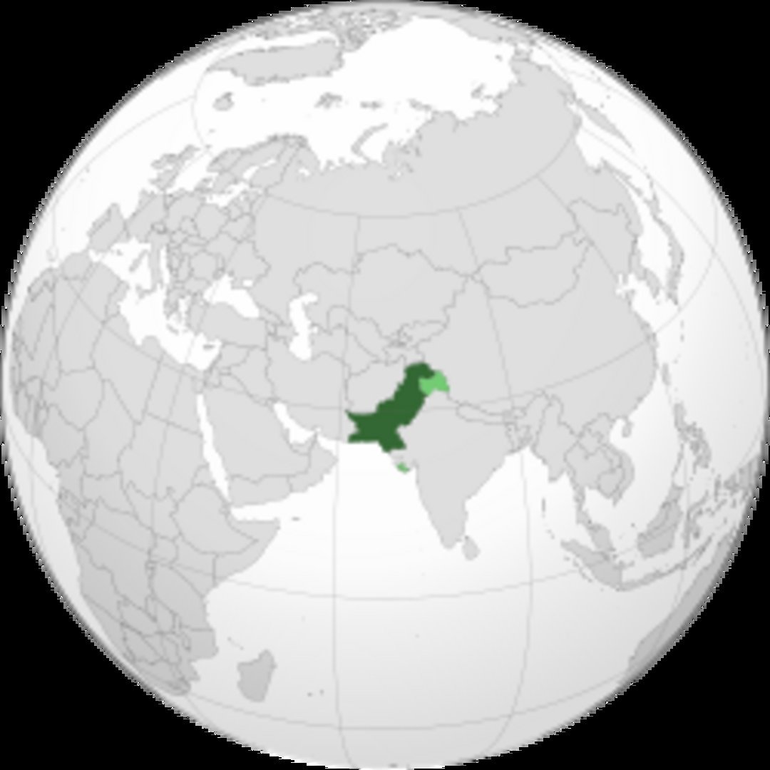 Orthographic globe map centering on South Asia with Pakistan marked in dark green, surrounded by grey neighboring countries i