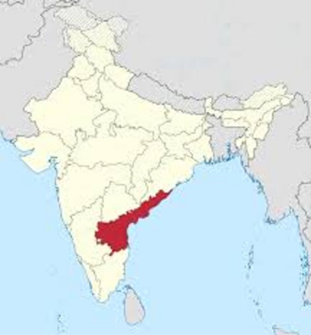 Andhra Pradesh state marked in red on a political map of India, bordered by Bay of Bengal to the east and Sri Lanka visible t