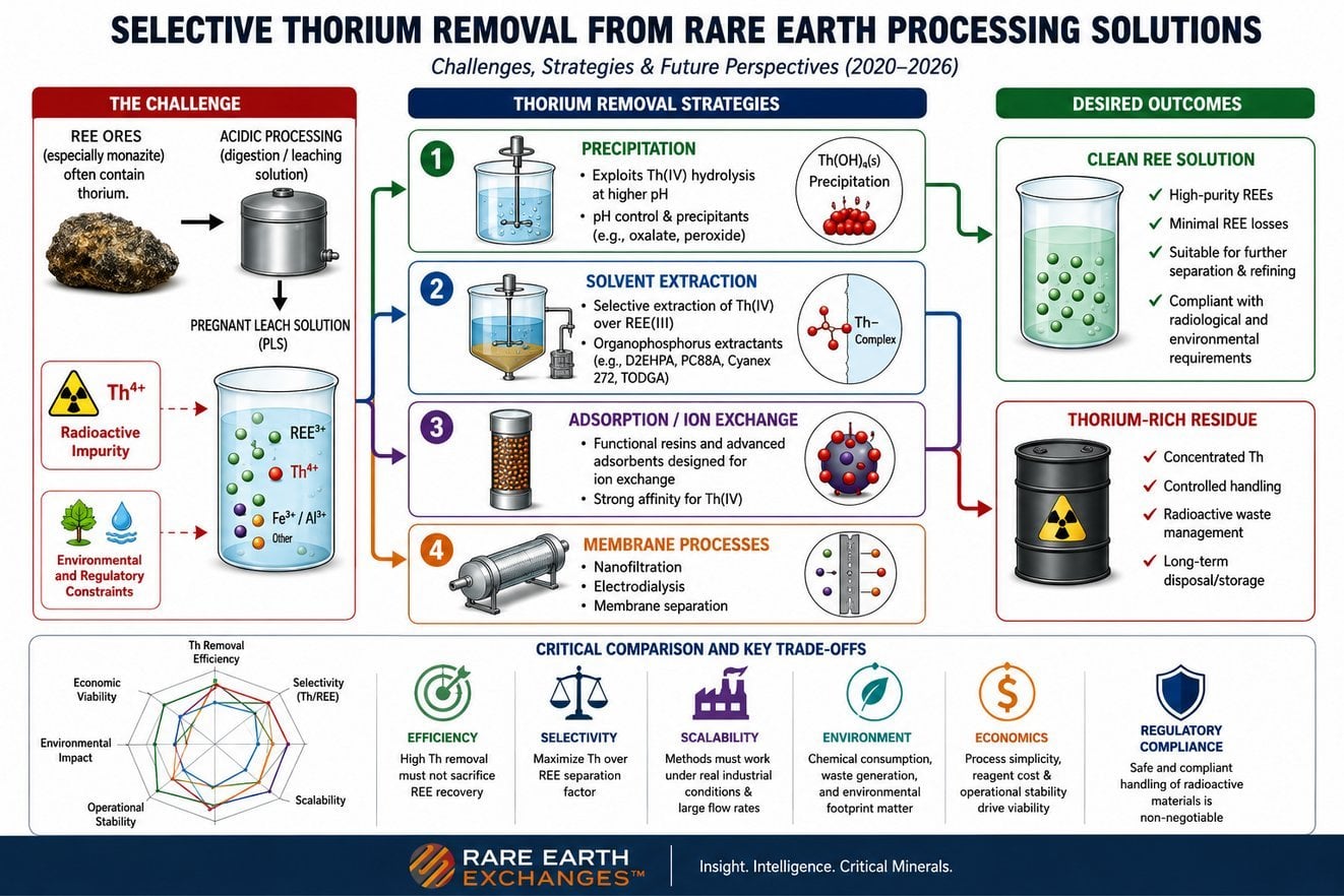 Infographic on thorium Th4+ removal from REE monazite leach solutions via precipitation solvent extraction adsorption membran