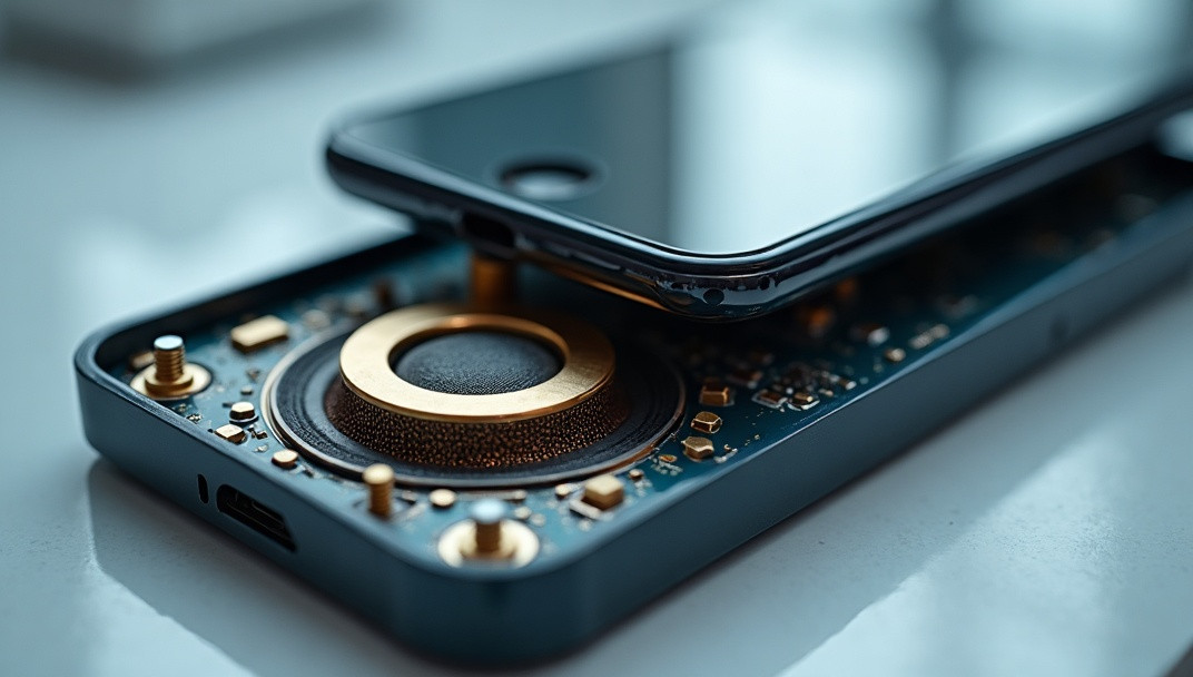 Smartphone speakers Ultra-photorealistic macro cross-section of smartphone speakers showing a bottom-firing micro-speaker module on a clean lab bench with the voice coil, diaphragm, gasket seals, acoustic mesh grille, and rare-earth magnet assembly in sharp focus under soft studio lighting.