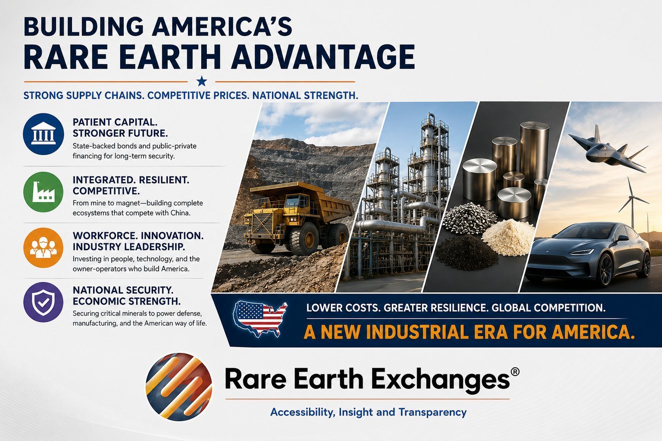 Rare Earth Exchanges infographic on US rare earth strategy covering patient capital, integrated supply chains, workforce inno