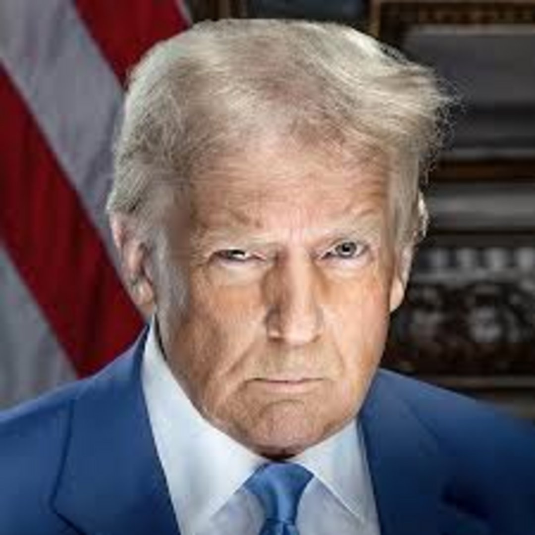 Elderly man with light gray hair wearing a blue suit and blue tie, with a serious expression, American flag visible in backgr