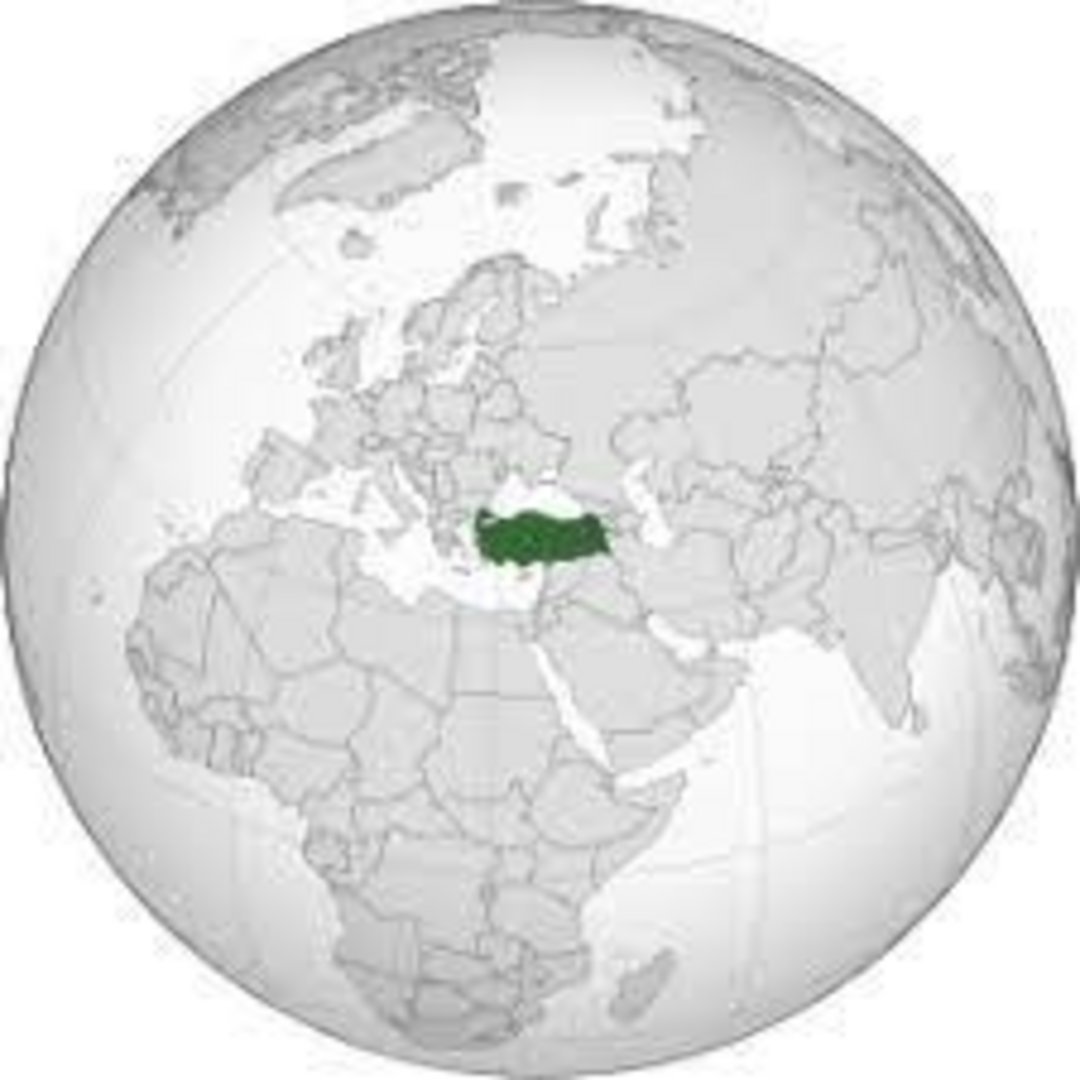 Turkey highlighted in dark green on an orthographic globe projection centered on Europe, Middle East, and Africa
