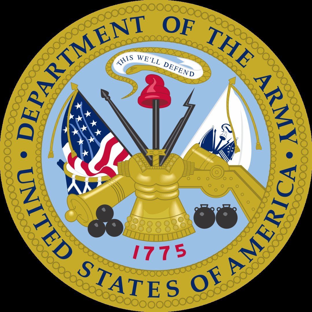 Official seal of the United States Department of the Army featuring crossed cannons, American flag, motto This We'll Defend,