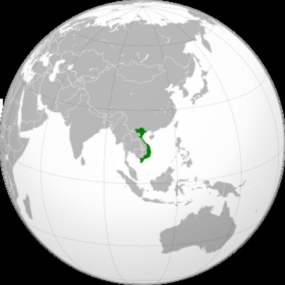 Vietnam marked in green on a globe centered on Asia, bordered by China, Laos, Cambodia, with Australia and Philippines visibl