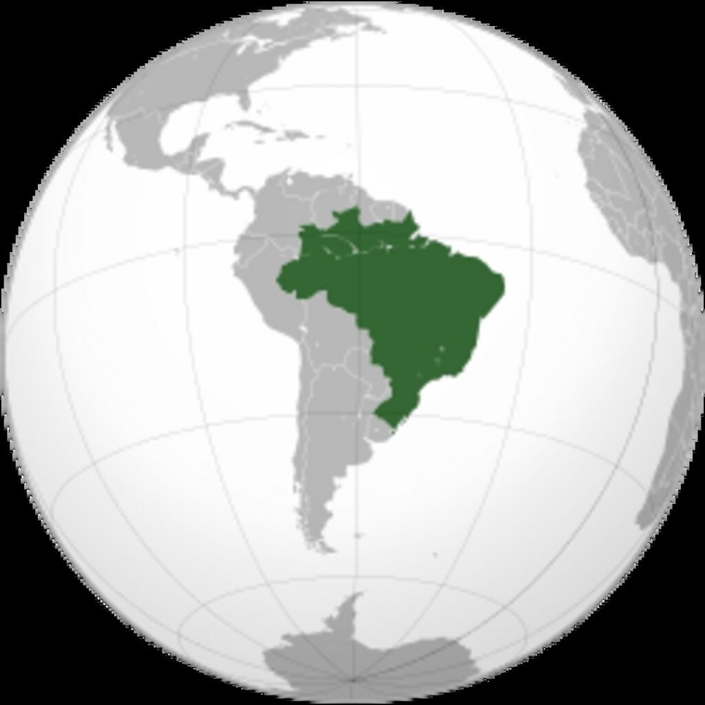 Brazil marked in dark green on a globe centered on South America, surrounded by grey neighboring countries and Atlantic Ocean