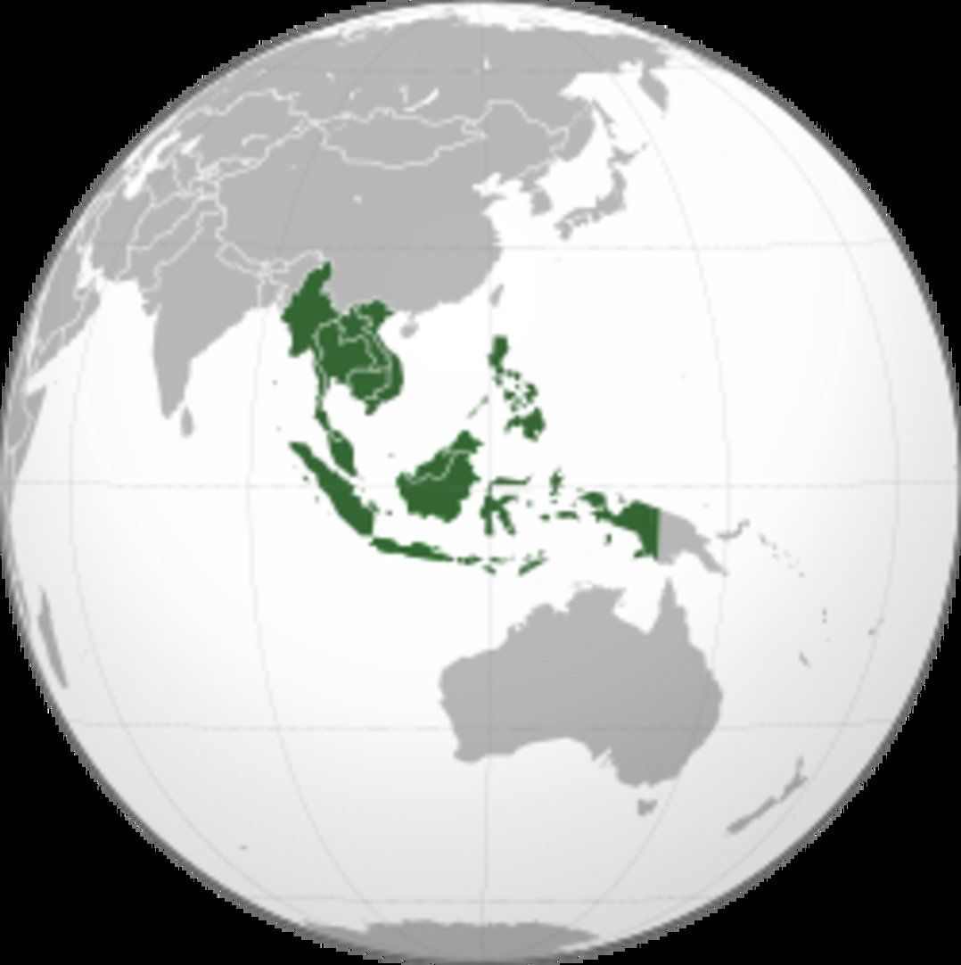 Globe map with ASEAN member states highlighted in green including Indonesia Malaysia Philippines Vietnam Thailand Myanmar and