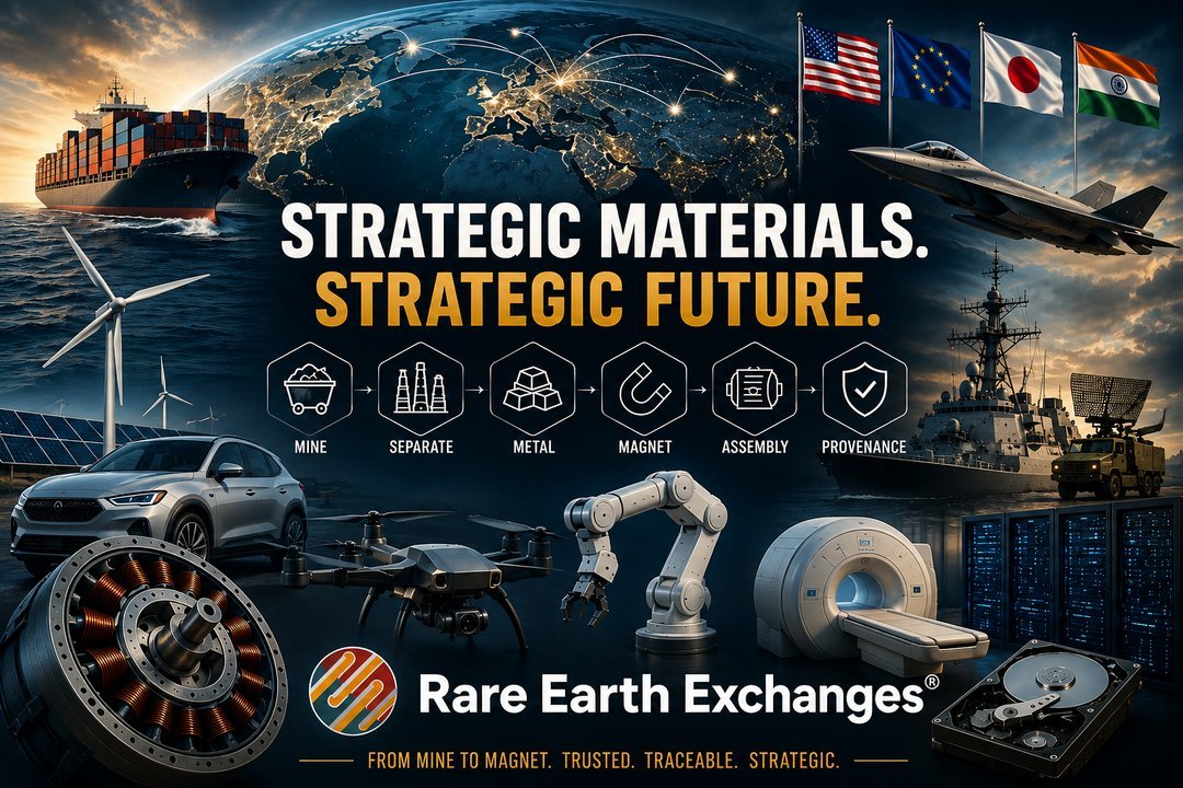 Rare Earth Exchanges infographic: mine-to-magnet supply chain for rare earth materials used in EV motors, MRI machines, drone